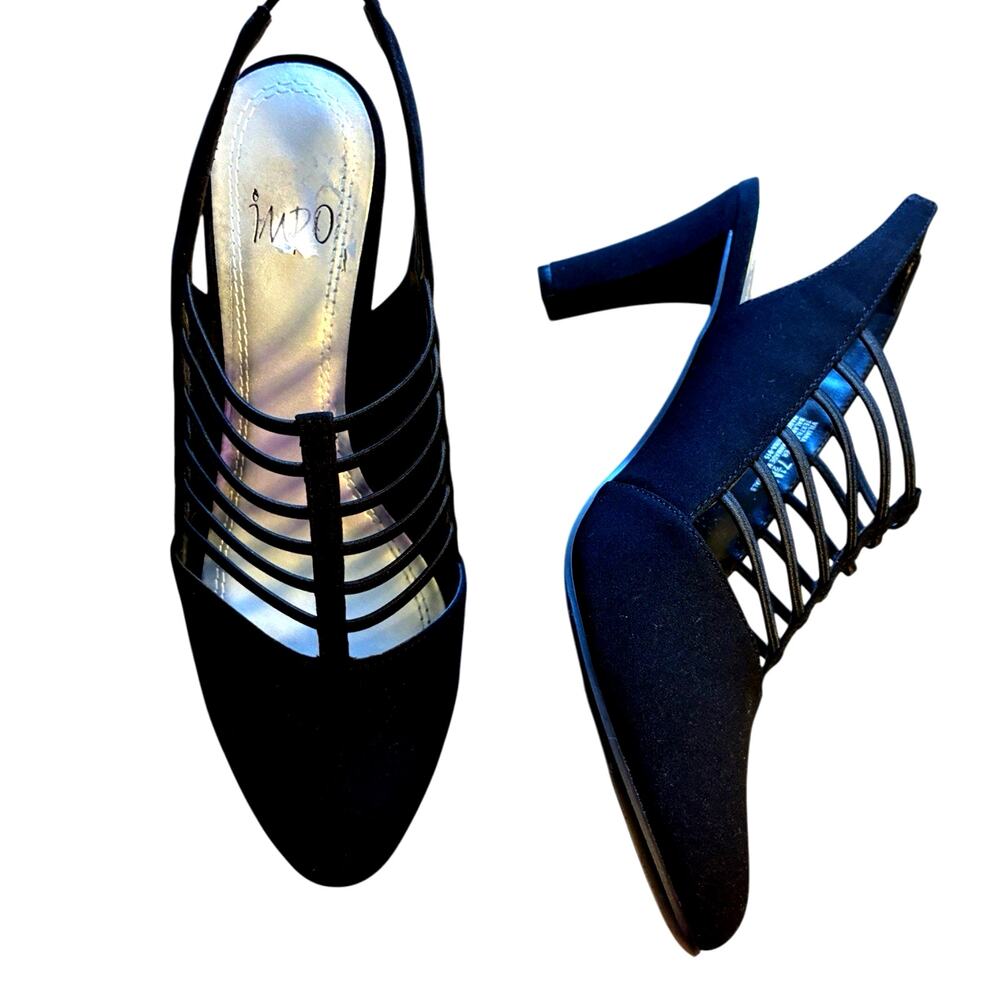 Impo Black Strappy Heels 7 Closed-Toe Caged Elastic Slingback Comfort Classic